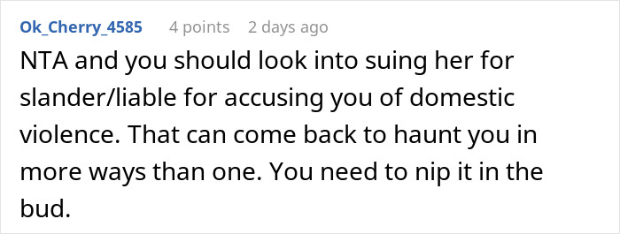 Comment on social media post advising to consider suing for slander after false domestic violence accusations involving unemployed woman and jobless man.