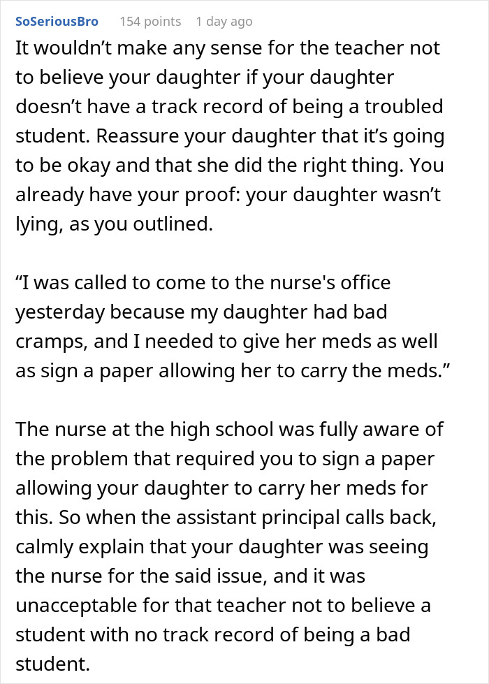 Screenshot of a Reddit comment discussing a mom’s struggle after a teacher ignores her daughter’s emergency at school.