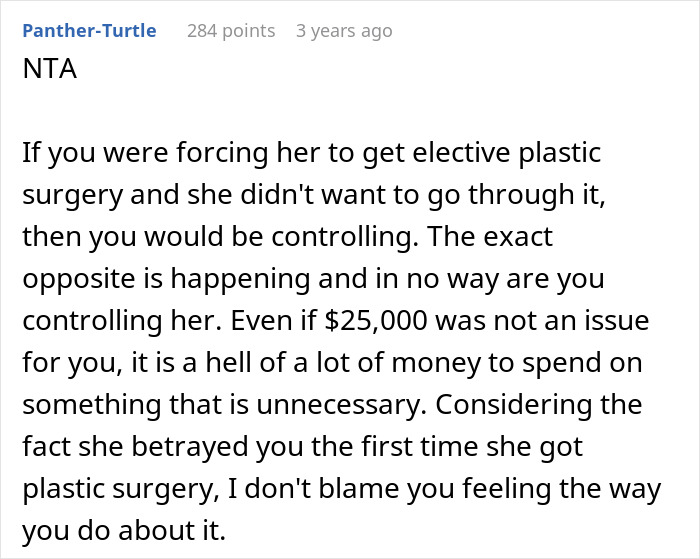 Comment discussing a wife’s cosmetic upgrade, infidelity issues, and the husband’s emotional struggle over plastic surgery costs. Comment discussing a wife’s cosmetic upgrade, infidelity issues, and the husband’s emotional struggle over plastic surgery costs.