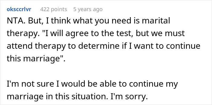 Comment discussing a guy demanding a paternity test for his 3-year-old son and wife's suggestion of therapy.