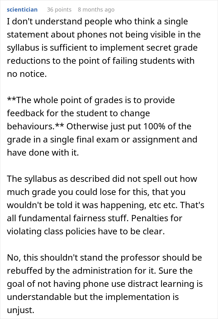 Comment on student concerns about phone rule enforcement causing risk of failing class due to lack of clear grading policies and warnings.