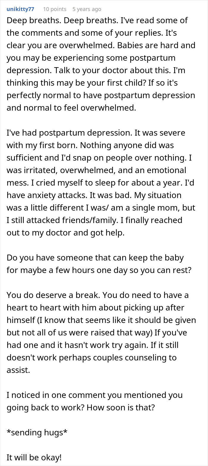 Commenter offers support and advice about postpartum depression and handling household responsibilities in a parenting discussion.
