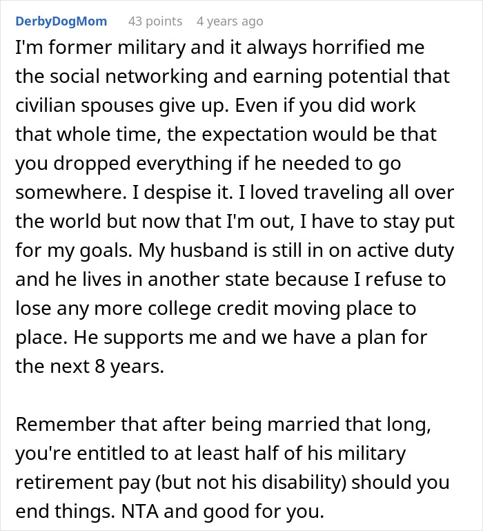 Comment about a woman refusing to move again after decades relocating for husband&rsquo;s career, valuing stability.