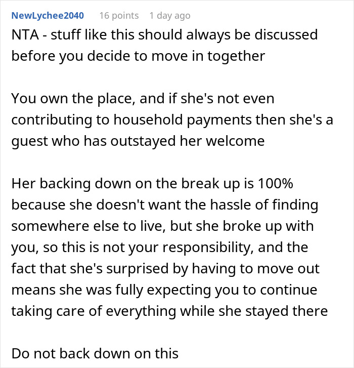 Comment explaining ex-house drama and relationship issues about living arrangements after break up.