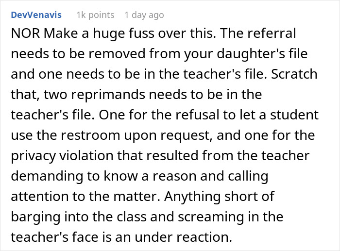 Comment discussing a mom's struggle and teacher's refusal Ignoring daughter's emergency causing rage and demands for reprimands. Comment discussing a mom's struggle and teacher's refusal Ignoring daughter's emergency causing rage and demands for reprimands.