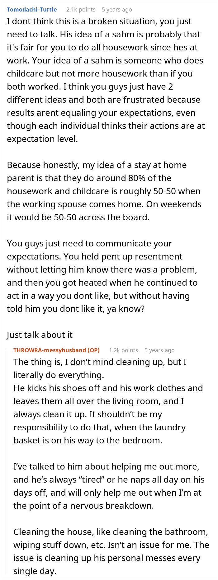 Reddit comment discussing household chores and a husband claiming his wife doesn&rsquo;t do anything at home.