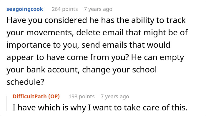 Screenshot of online discussion about brother&rsquo;s stalker tendencies affecting a woman&rsquo;s college, job, and mental health.