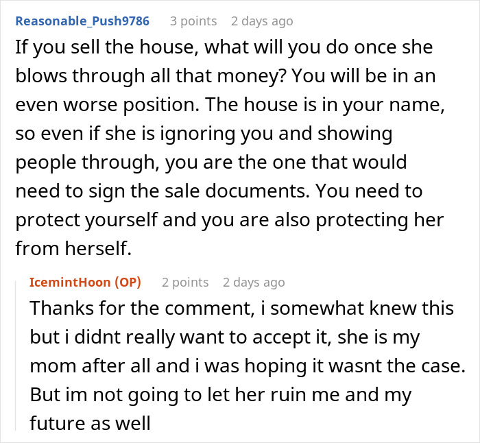 Alt text: Online discussion about mom in $37K debt and daughter refusing to sell inherited home to help financially.