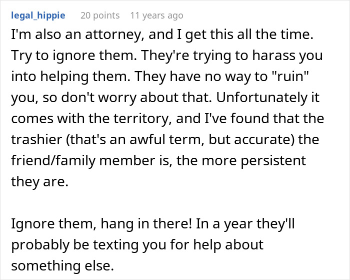Screenshot of online comment from attorney advising to ignore friends demanding free advice to protect new career and see true colors.