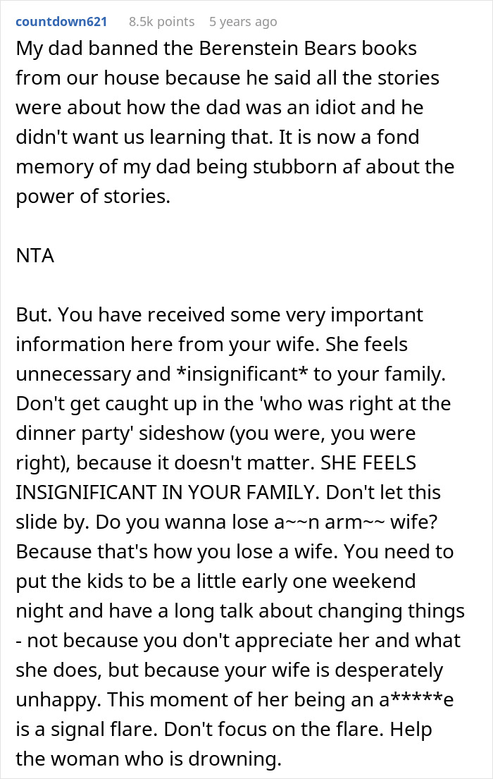 Reddit comment screenshot about Guy embarrasses wife, long advice telling husband not to dismiss wife's feelings, NTA Reddit comment screenshot about Guy embarrasses wife, long advice telling husband not to dismiss wife's feelings, NTA