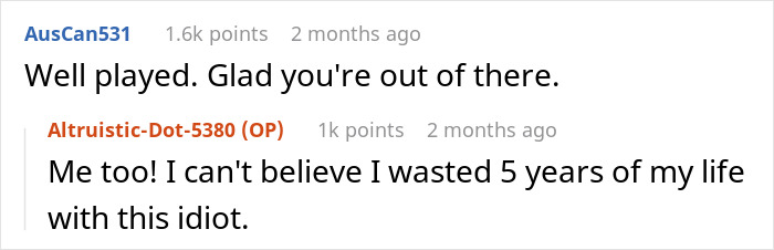 Screenshot of a forum conversation where a user shares relief about leaving a lying snobs family situation.