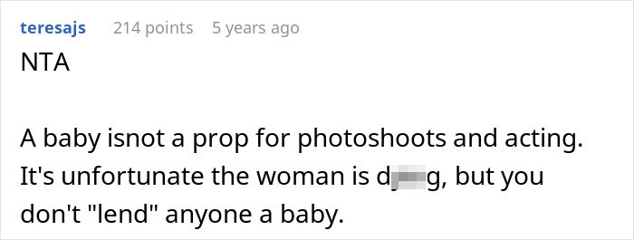Screenshot of an online comment discussing a cousin with cancer wanting to borrow a baby to experience motherhood. Screenshot of an online comment discussing a cousin with cancer wanting to borrow a baby to experience motherhood.