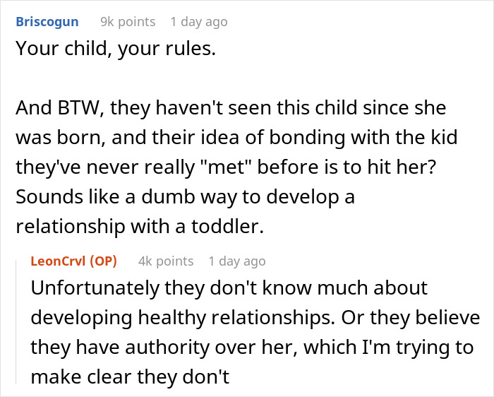 Comments discussing grandparents spanking a toddler and parents banning them from seeing the child again. Comments discussing grandparents spanking a toddler and parents banning them from seeing the child again.