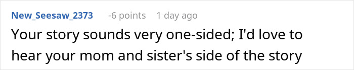 Screenshot of an online comment discussing a one-sided story about a mom blaming her daughter for picking dad in the divorce. Screenshot of an online comment discussing a one-sided story about a mom blaming her daughter for picking dad in the divorce.