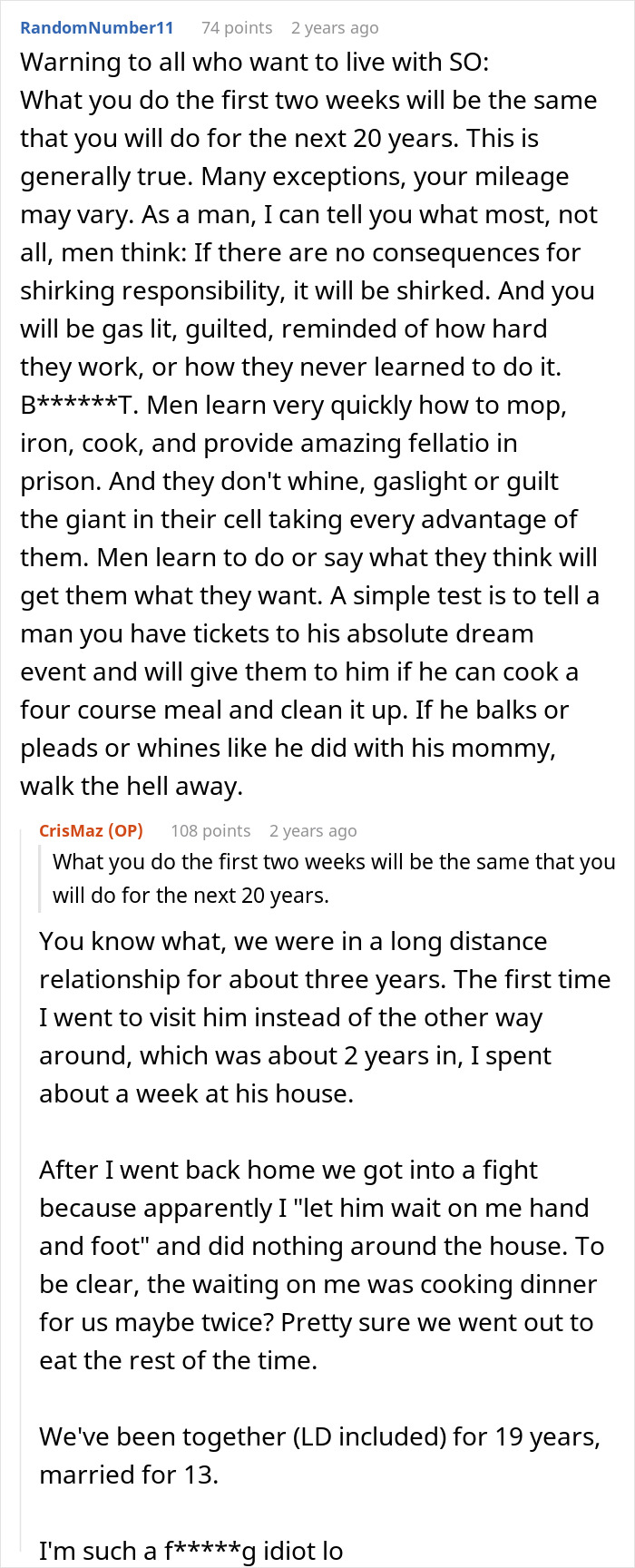 Reddit conversation about wife deciding to live life like her husband and his frustrated reaction shared in text.