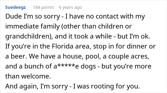 Screenshot of a forum comment where a guy expresses regret and immaturity after being excluded from family girl days.