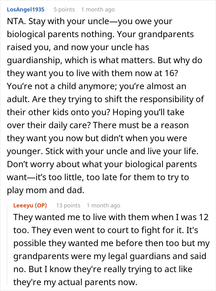 Comment thread discussing a teen refusing to live with biological parents who abandoned him, involving court disputes.