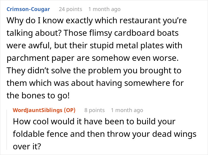 Alt text: Online discussion about a restaurant addressing customer concerns with a humorous pitch and invention patent.