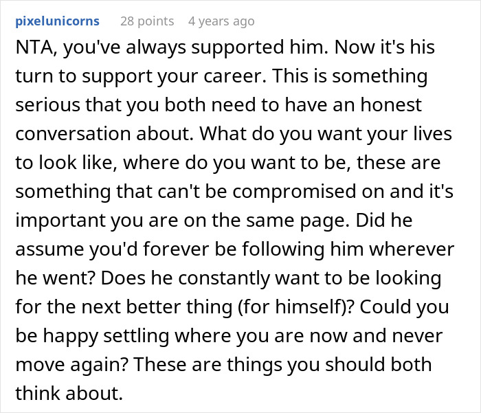 Text comment from user pixelunicorns offering advice about a woman refusing to move again after decades relocating for husband’s career. Text comment from user pixelunicorns offering advice about a woman refusing to move again after decades relocating for husband’s career.