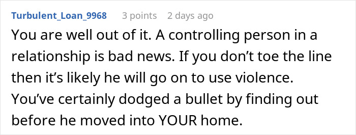 Reddit comment warning woman misses boyfriend red flags, advising she avoided a controlling partner