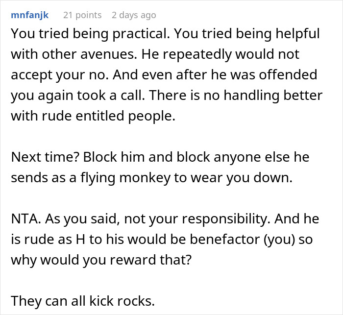 Reddit comment discussing dealing with rude entitled people and blocking them to avoid manipulation. Reddit comment discussing dealing with rude entitled people and blocking them to avoid manipulation.