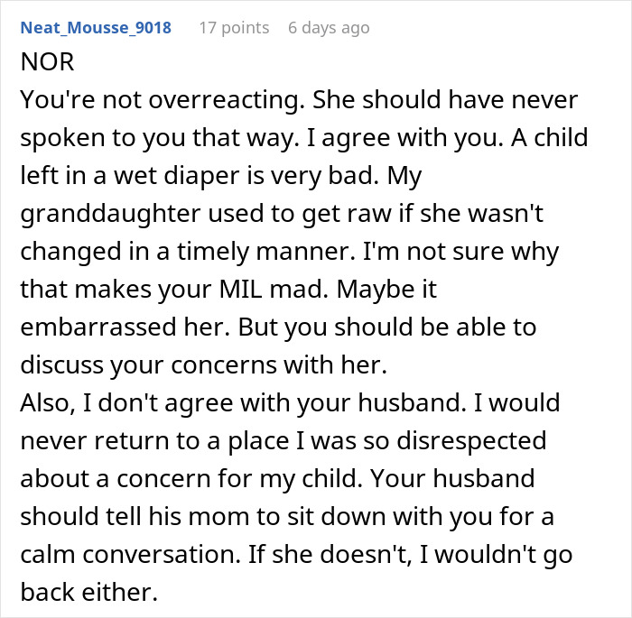 Comment discussing a woman horrified MIL didn't change kid's diaper all day and banning her from visiting due to neglect.