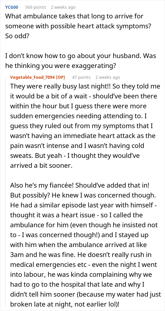 User comments discussing partner sleep habits and calling ambulance delays during a possible heart attack emergency. User comments discussing partner sleep habits and calling ambulance delays during a possible heart attack emergency.