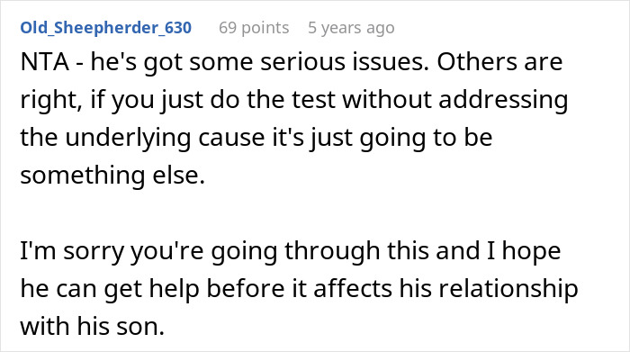 Screenshot of a forum comment discussing a man demanding a paternity test for his 3-year-old son and relationship issues. Screenshot of a forum comment discussing a man demanding a paternity test for his 3-year-old son and relationship issues.