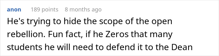 Screenshot of an anonymous comment discussing students pushing back after a professor enforces a phone rule without warning.