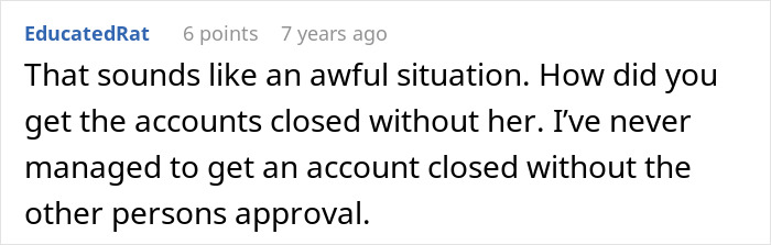Screenshot of a Reddit comment discussing an account closure issue related to a woman’s award winning act in court.