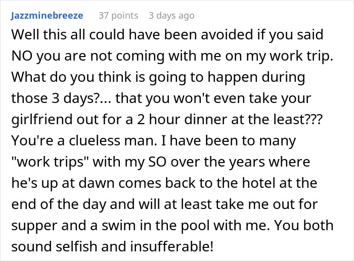 Screenshot of a social media comment discussing a man losing it when his girlfriend can&rsquo;t comprehend his business trip is not a romantic getaway.