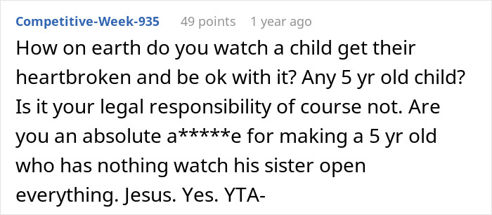 Reddit comment criticizing a father for giving daughter 27 Christmas presents while half-brother gets only one gift. Reddit comment criticizing a father for giving daughter 27 Christmas presents while half-brother gets only one gift.