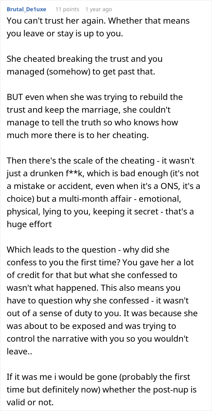 Reddit comment discussing a man discovering his wife’s cheating was more than just one drunken night.