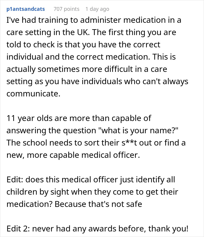 Comment discussing challenges in administering medication and issues with school medical officer for twins hard to distinguish