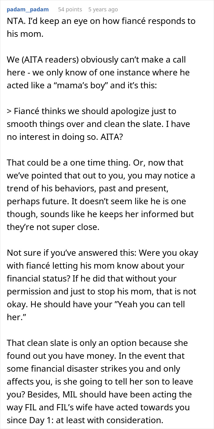 Text conversation discussing fiancé’s mom finding out about woman’s finances and the impact of hiding wealth from MIL. Text conversation discussing fiancé’s mom finding out about woman’s finances and the impact of hiding wealth from MIL.