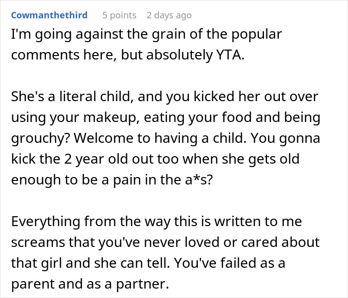 Text post from Cowmanthethird disagreeing and criticizing a woman who snaps and kicks her fianc&eacute; and stepdaughter out.