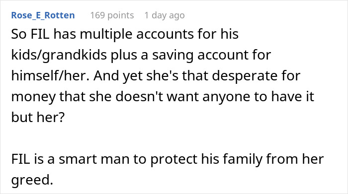 Reddit comment about FIL protecting family from greedy mom, black text on white background with username and score visible Reddit comment about FIL protecting family from greedy mom, black text on white background with username and score visible