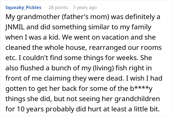 Comment discussing a MIL who rearranged furniture and played the long game against her DIL in family dynamics.