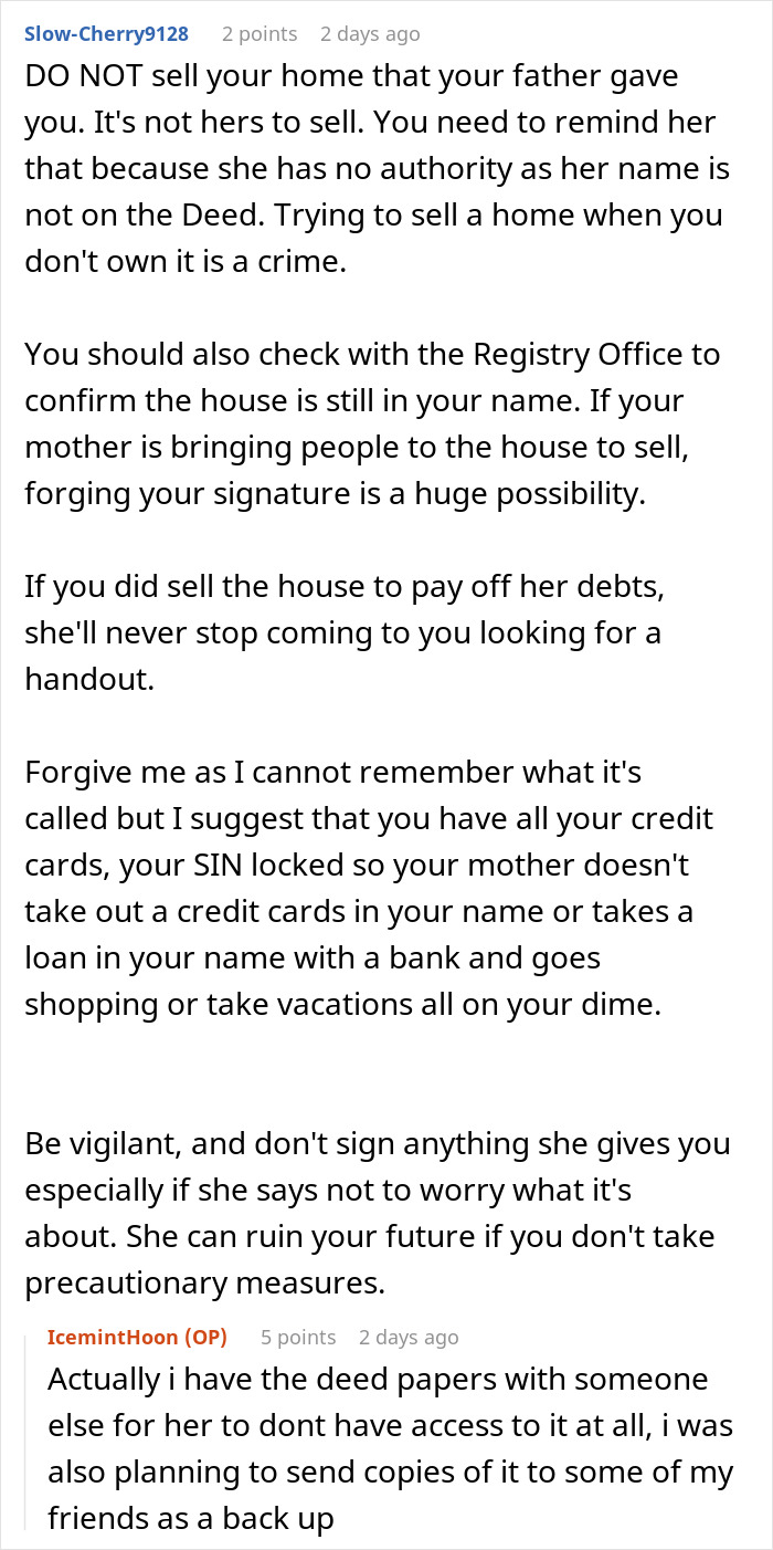 Comment thread discussing mom in debt and daughter refusing to sell inherited home due to deed and legal concerns. Comment thread discussing mom in debt and daughter refusing to sell inherited home due to deed and legal concerns.
