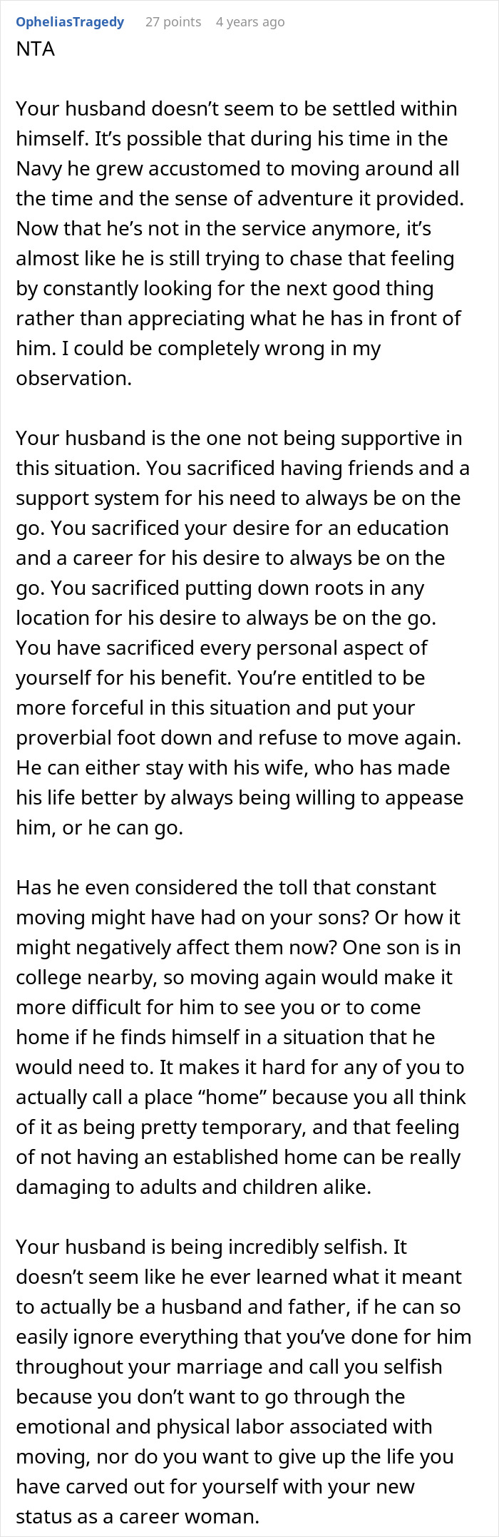 Reddit comment discussing a woman who refuses to move again after decades relocating for husband's career.