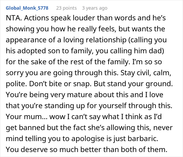 Screenshot of a Reddit comment supporting a teen calling out stepdad for ignoring him, discussing family tensions. Screenshot of a Reddit comment supporting a teen calling out stepdad for ignoring him, discussing family tensions.