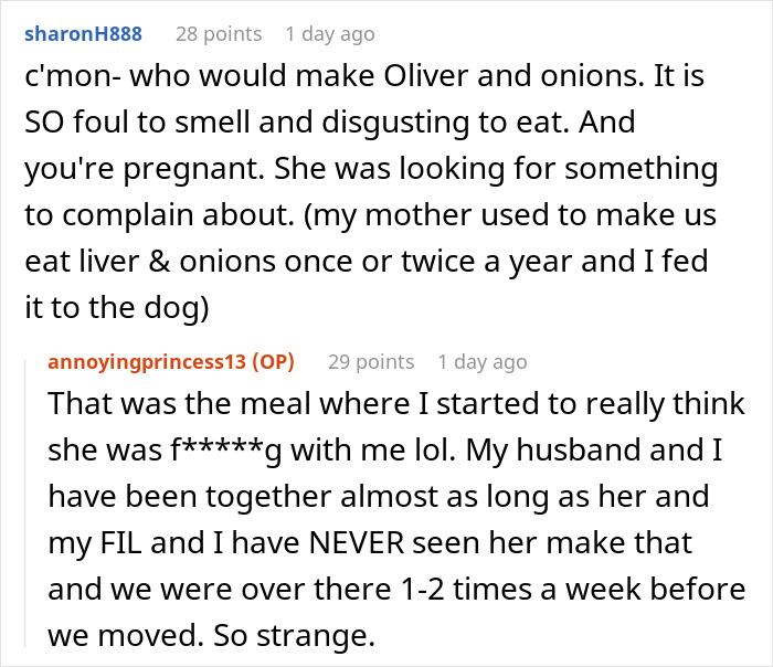 Comments discussing expired food in her pantry from 1999 and a pregnant woman declining her mother-in-law’s meals. Comments discussing expired food in her pantry from 1999 and a pregnant woman declining her mother-in-law’s meals.