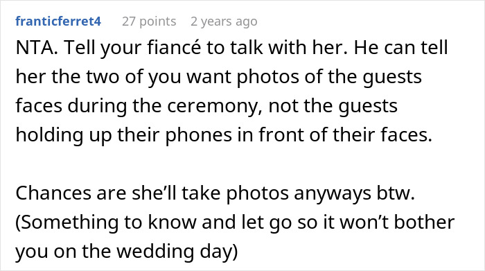 Screenshot of a Reddit comment discussing a bride dealing with a MIL trying to hijack wedding venue and dress.