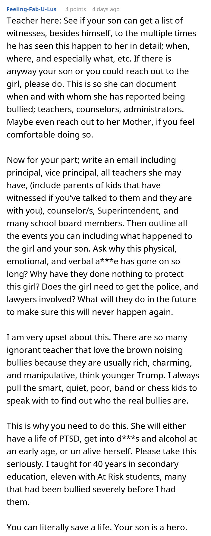 Comment discussing a teacher’s advice on addressing bullying after dad takes son out to celebrate punching a bully. Comment discussing a teacher’s advice on addressing bullying after dad takes son out to celebrate punching a bully.