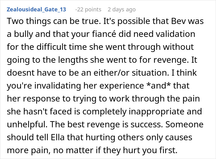 Comment discussing fianc&eacute;e&rsquo;s obsession with her bully and impact on relationships, mentioning stalking behavior and emotional pain.