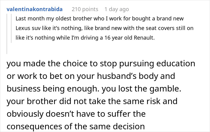 Screenshot of a Reddit comment discussing family struggles after being disowned for marrying a mechanic, highlighting sibling success disparities.