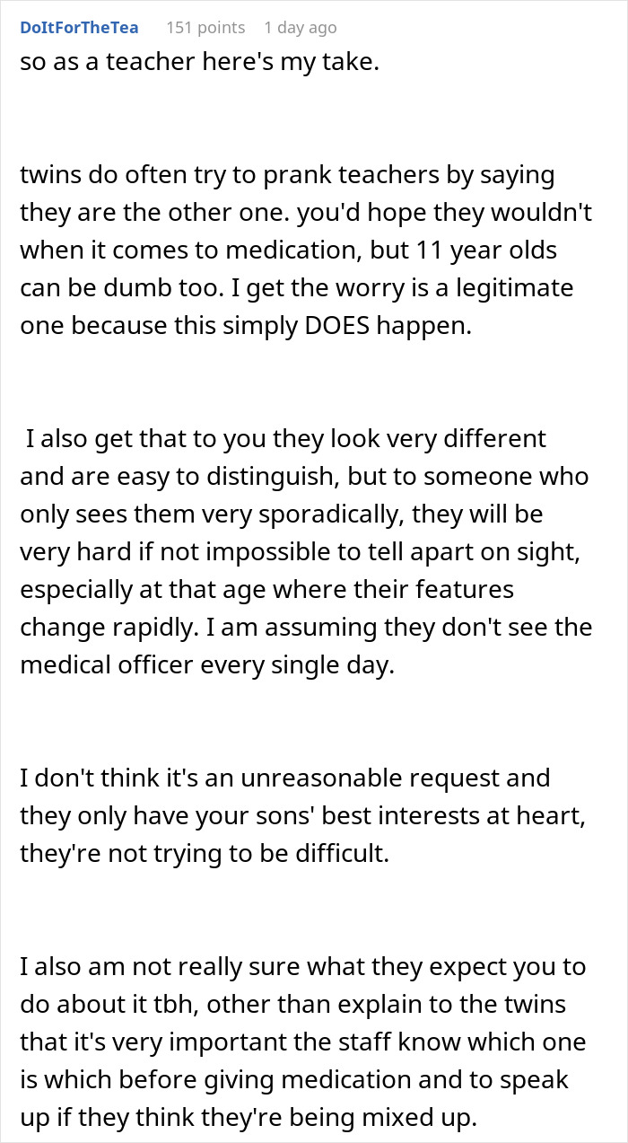 Teacher explains challenges of distinguishing similar twins and supports parent refusing to make twins less similar at school.