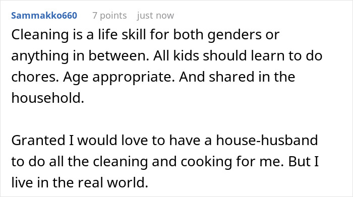 Comment emphasizing chores as essential life skills for kids, addressing chores and family dynamics online discussion. Comment emphasizing chores as essential life skills for kids, addressing chores and family dynamics online discussion.