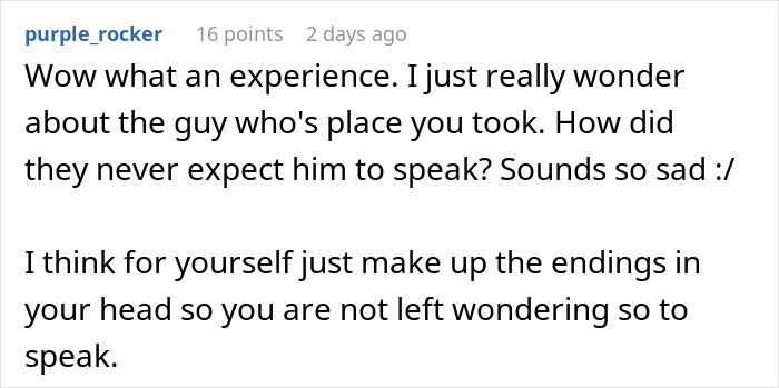 Comment from user purple_rocker reflecting on the emotional investment of a guy added to a random family group chat.