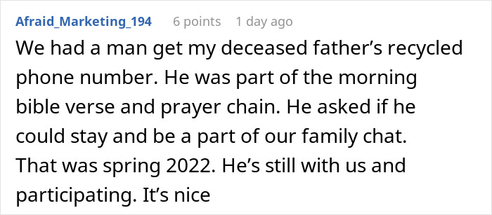 Screenshot of a Reddit comment about a man added to a random family group chat, becoming emotionally invested over months.
